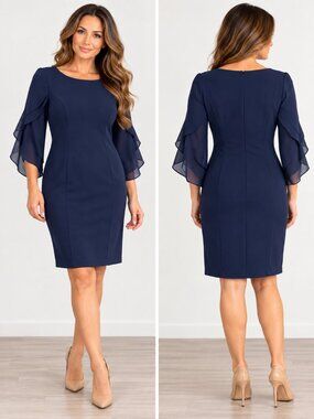 DKNY Navy Sheath Dress 4 Chiffon Ruffle Bell Sleeves NWT